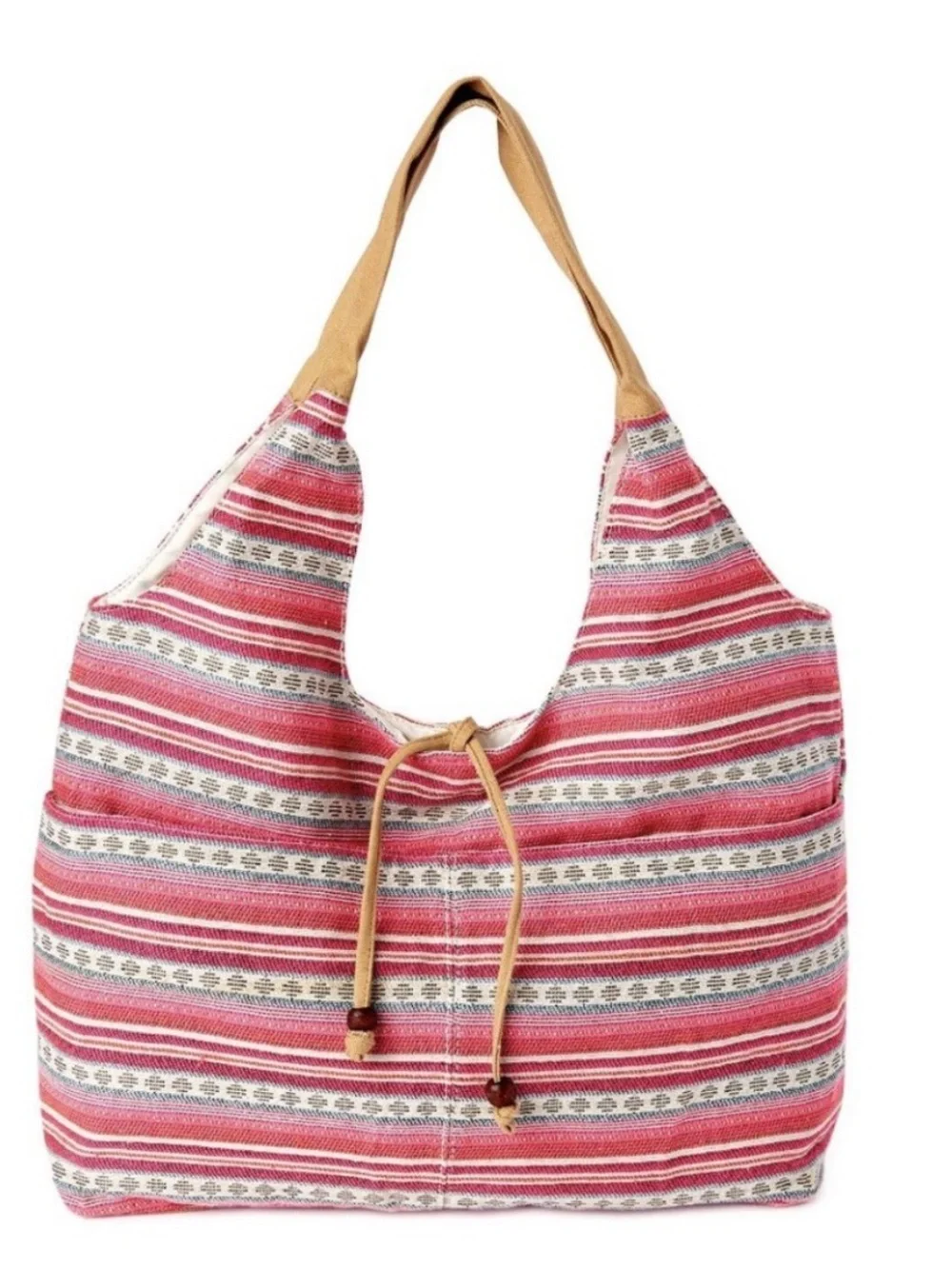 Striped Pink Canvas Shoulder Bag with Tan Accents